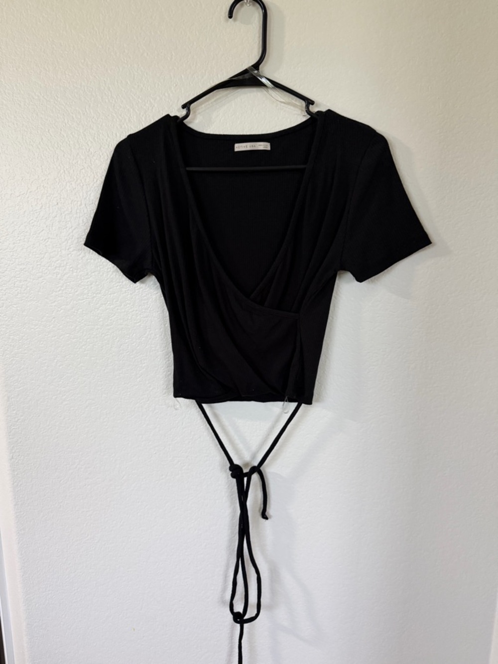 Active USA Black Short-Sleeve Wrap Crop Top with Tie